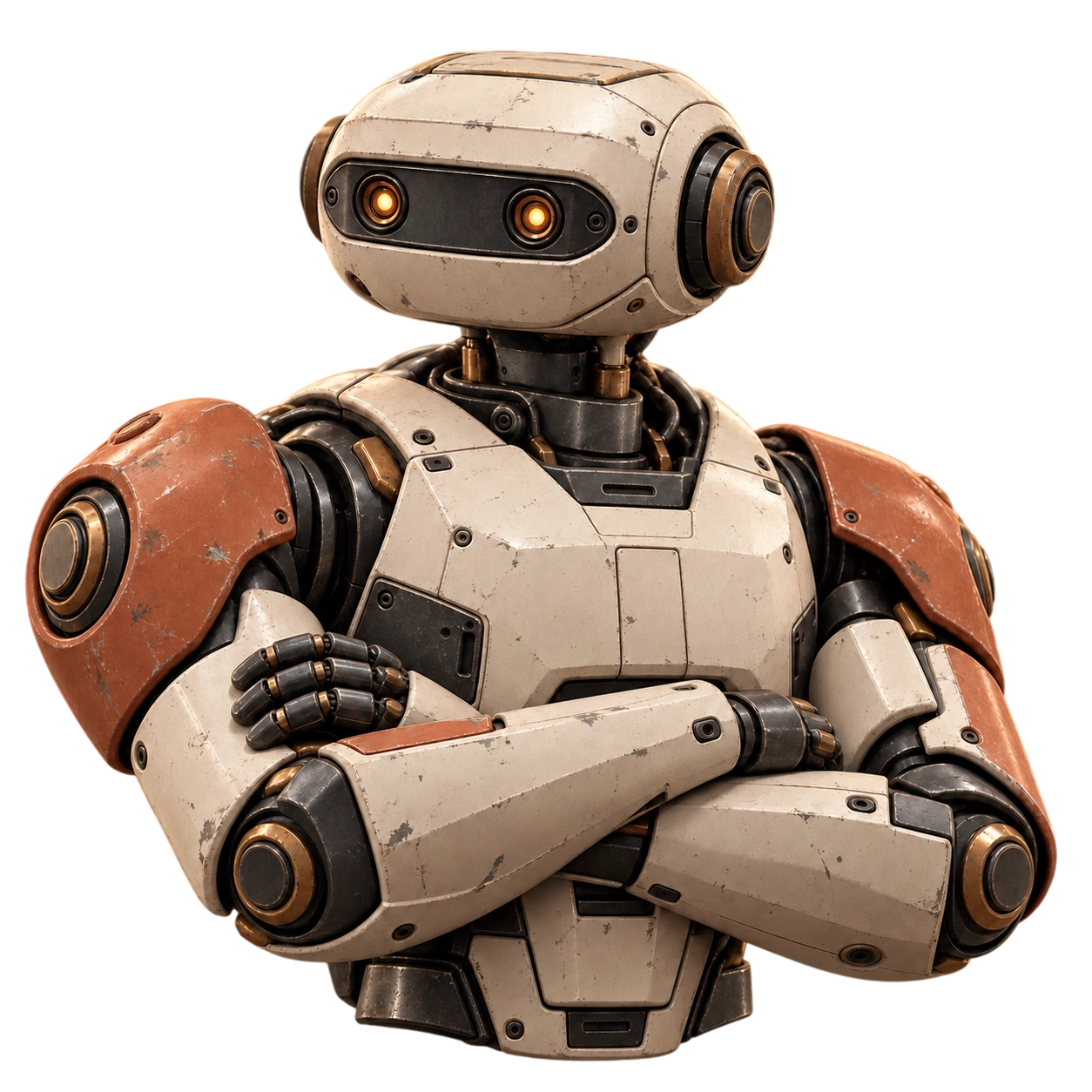 Robot N4B aux épaules terre cuite et au casque ivoire arrondi, regard ambre symétrique et bras croisés, cadré à la taille.