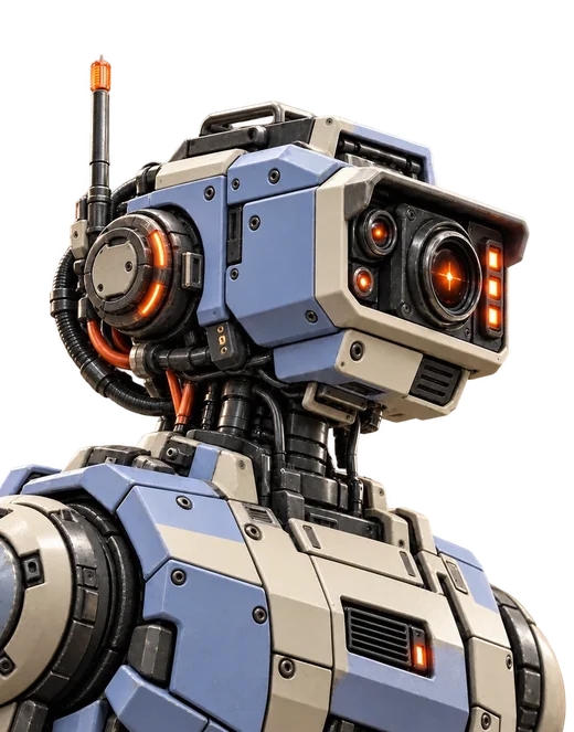 Buste de robot ivoire vu de profil, plastron et épaules bleu lavande, double optique orange et antenne à pointe orange.
