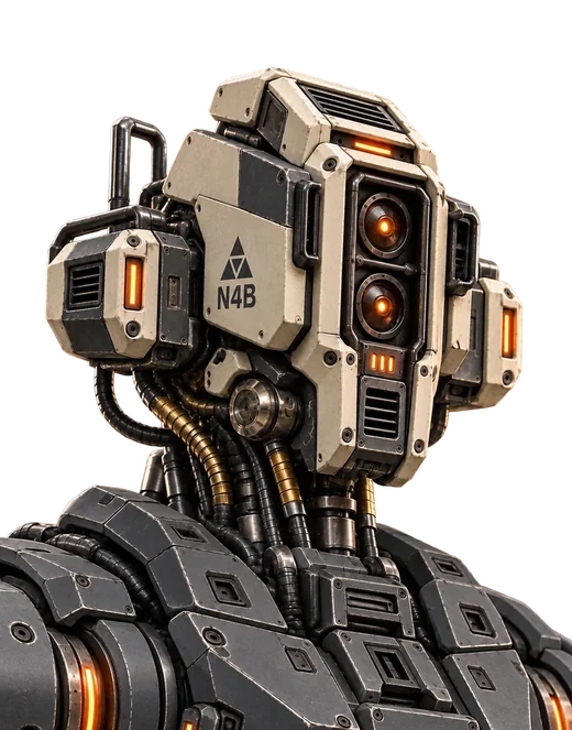 Buste de robot à carrosserie noire vu de profil, tête ivoire à double optique ambre, veines lumineuses orange et gaines souples à la nuque.