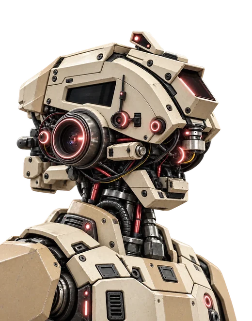 Buste de robot ivoire vu de profil, gros objectif rond cerclé de rose et témoins magenta.